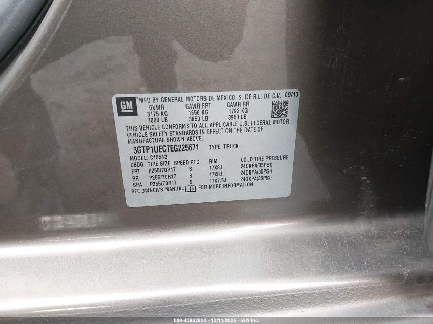 2014 GMC Sierra 1500 Sle VIN: 3GTP1UEC7EG225671 Lot: 43862924