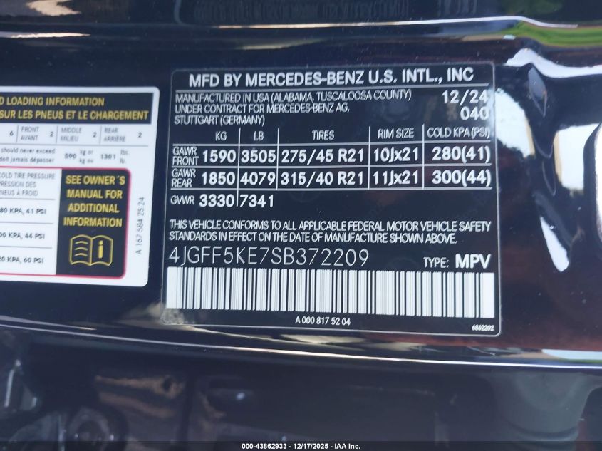 2025 Mercedes-Benz Gls 450 4Matic VIN: 4JGFF5KE7SB372209 Lot: 43862933