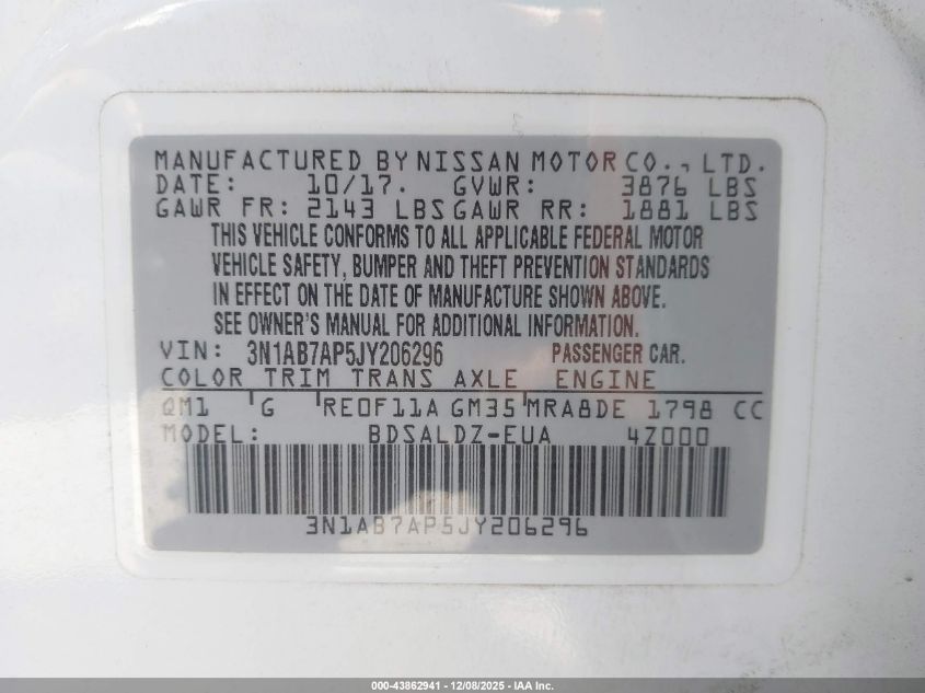 2018 Nissan Sentra Sv VIN: 3N1AB7AP5JY206296 Lot: 43862941