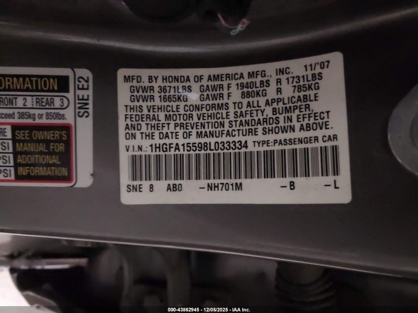 2008 Honda Civic Lx VIN: 1HGFA15598L033334 Lot: 43862945