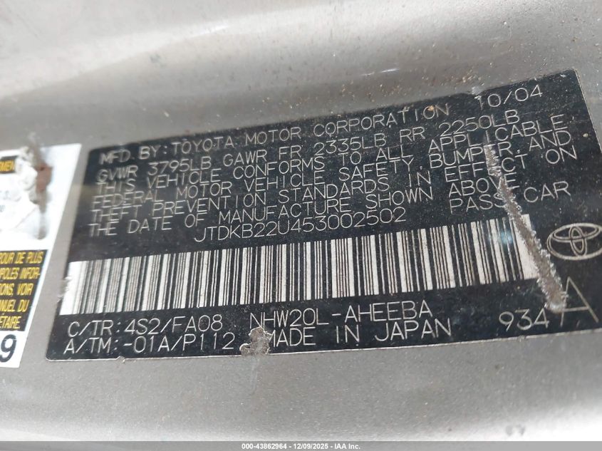 2005 Toyota Prius VIN: JTDKB22U453002502 Lot: 43862964