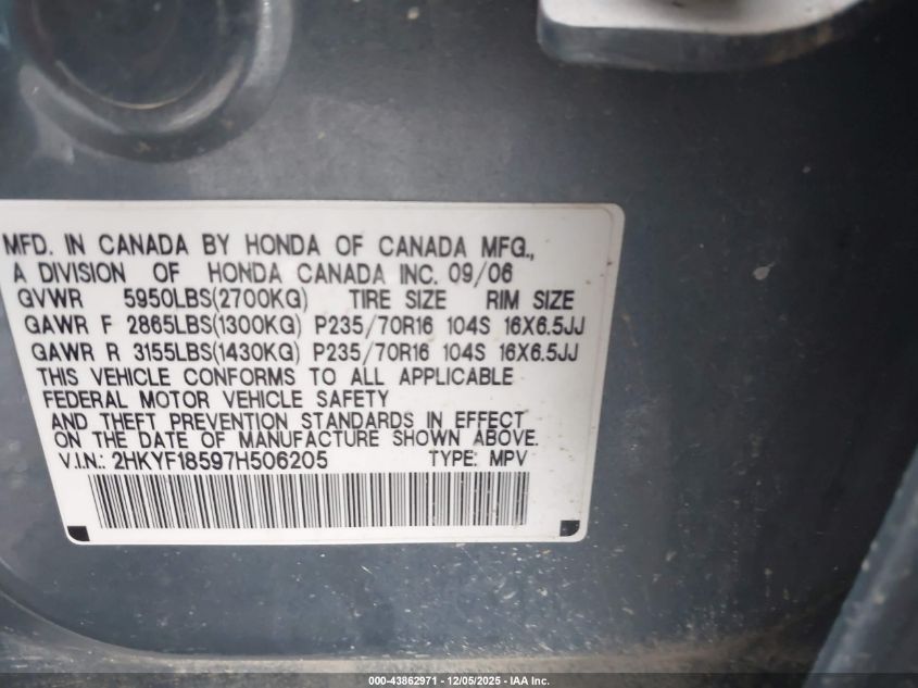 2007 Honda Pilot Ex-L VIN: 2HKYF18597H506205 Lot: 43862971