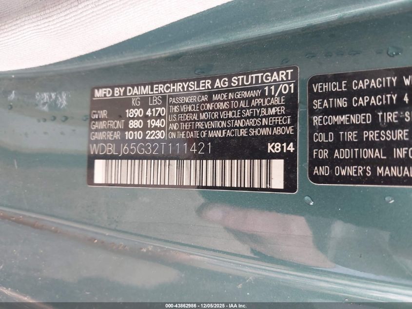 2002 Mercedes-Benz Clk 320 VIN: WDBLJ65G32T111421 Lot: 43862986