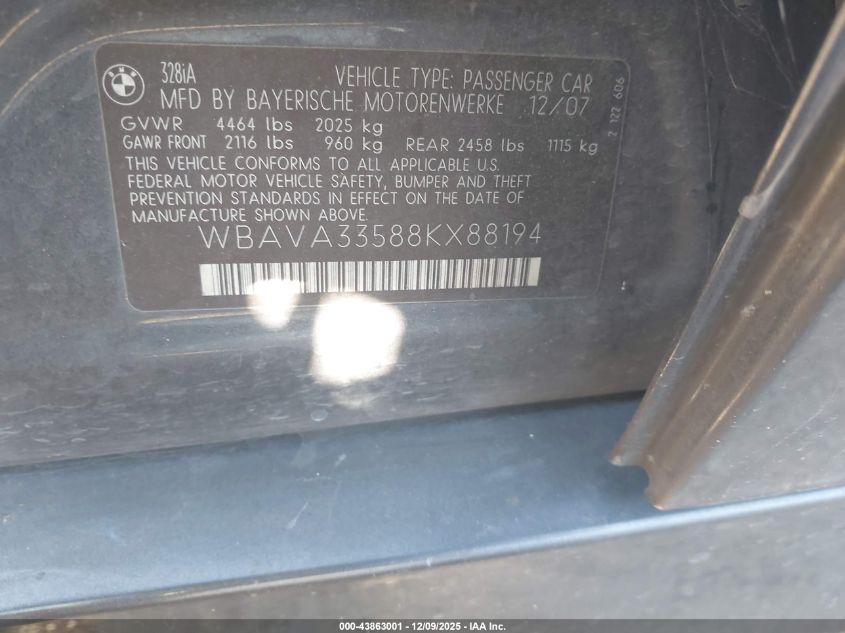 2008 BMW 328I VIN: WBAVA33588KX88194 Lot: 43863001