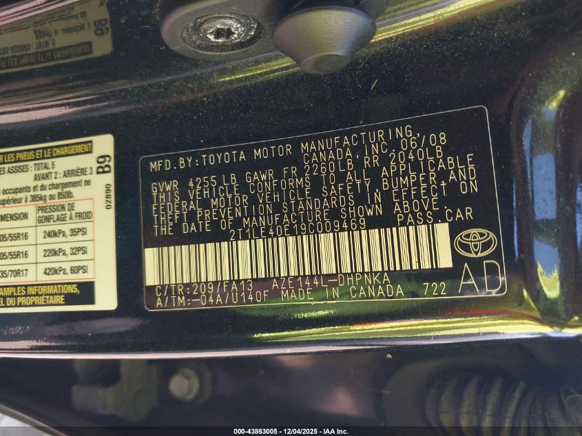 2009 Toyota Matrix S VIN: 2T1LE40E19C009469 Lot: 43863005