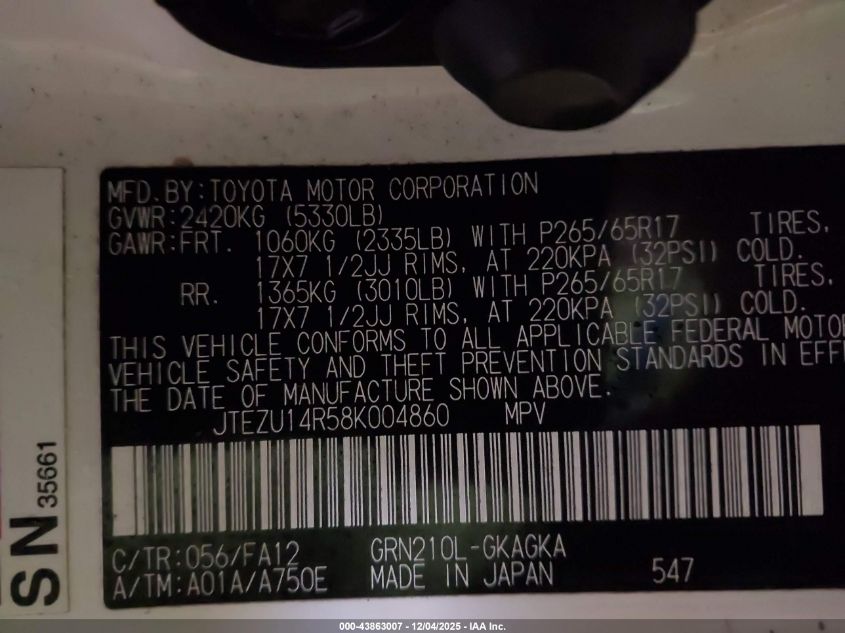 2008 Toyota 4Runner Sr5 V6 VIN: JTEZU14R58K004860 Lot: 43863007