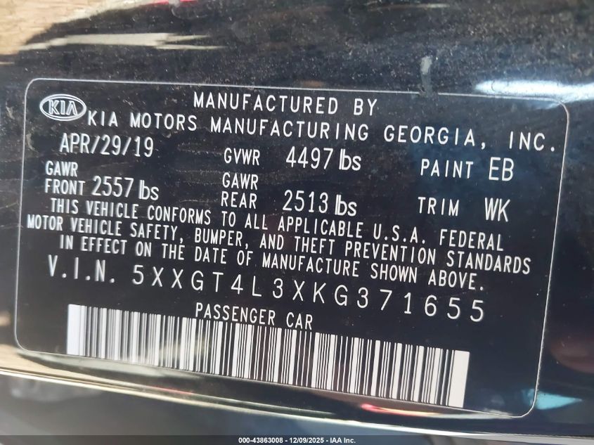 2019 Kia Optima Lx VIN: 5XXGT4L3XKG371655 Lot: 43863008