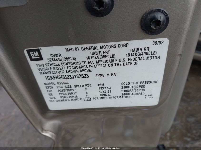 2003 GMC Yukon Xl 1500 Denali VIN: 1GKFK66U23J133623 Lot: 43863011