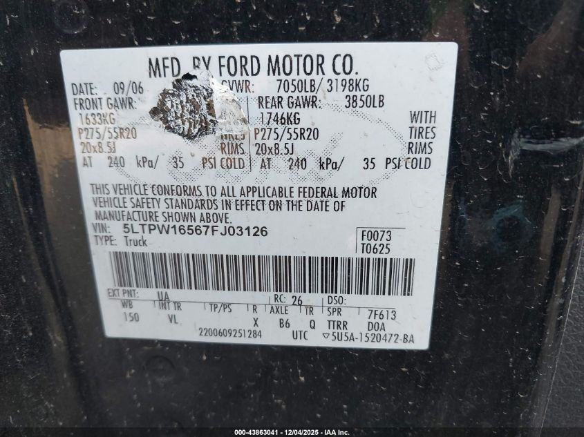 2007 Lincoln Mark Lt VIN: 5LTPW16567FJ03126 Lot: 43863041