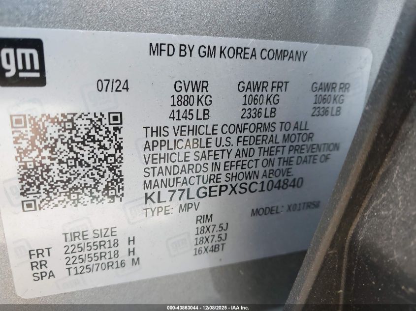 2025 Chevrolet Trax Fwd 1Rs VIN: KL77LGEPXSC104840 Lot: 43863044