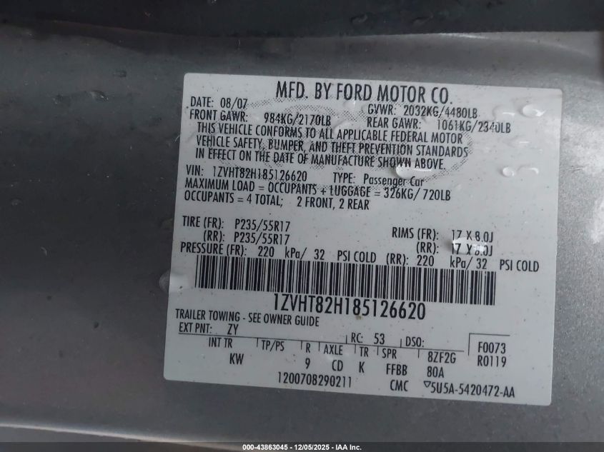 2008 Ford Mustang Gt Deluxe/Gt Premium VIN: 1ZVHT82H185126620 Lot: 43863045