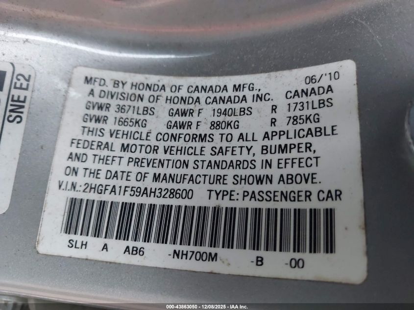 2010 Honda Civic Lx VIN: 2HGFA1F59AH328600 Lot: 43863050