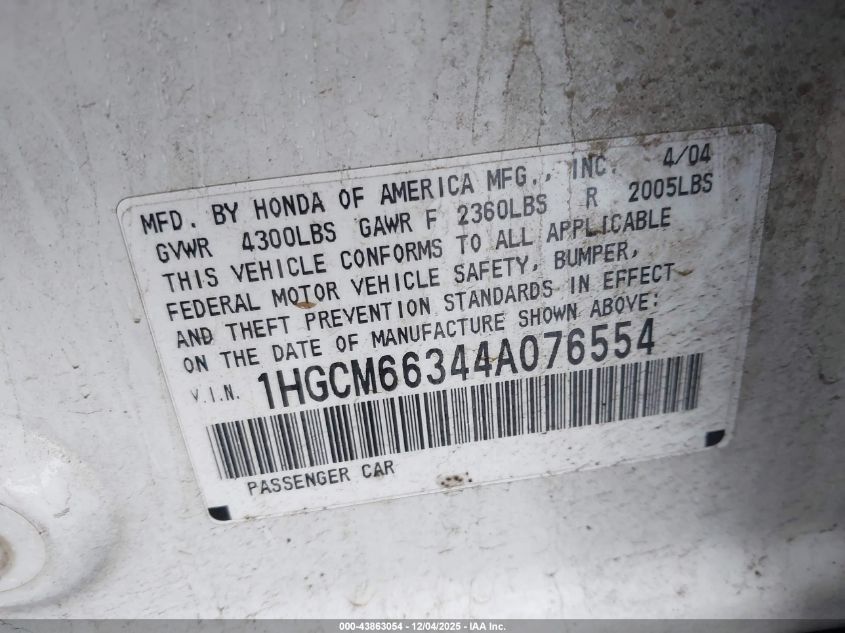 2004 Honda Accord 3.0 Lx VIN: 1HGCM66344A076554 Lot: 43863054