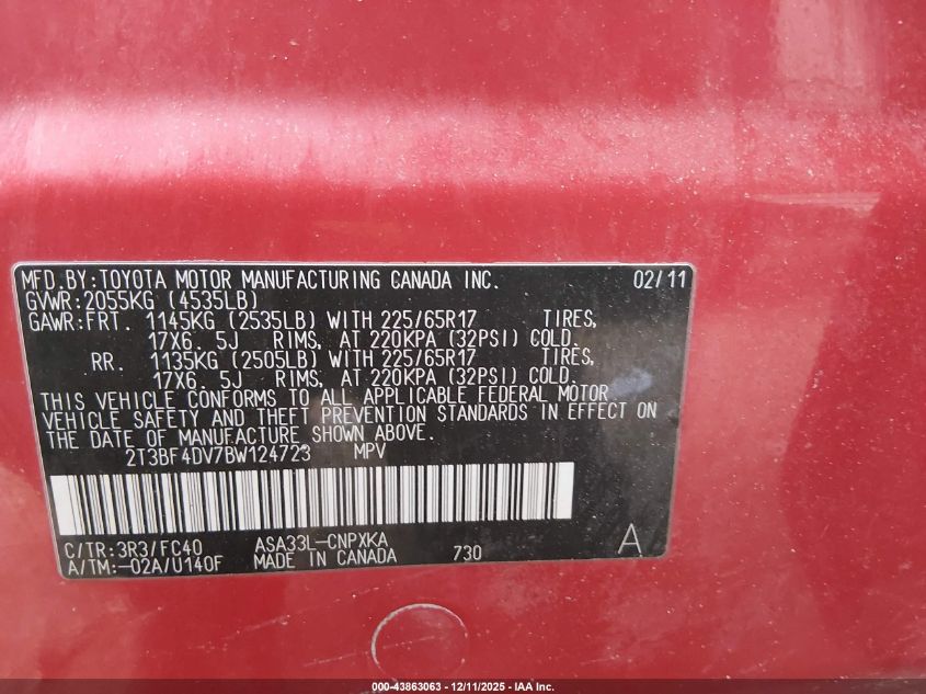 2011 Toyota Rav4 VIN: 2T3BF4DV7BW124723 Lot: 43863063