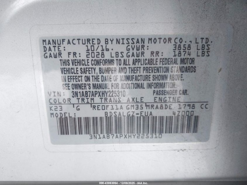 2017 Nissan Sentra Sl VIN: 3N1AB7APXHY225310 Lot: 43863064