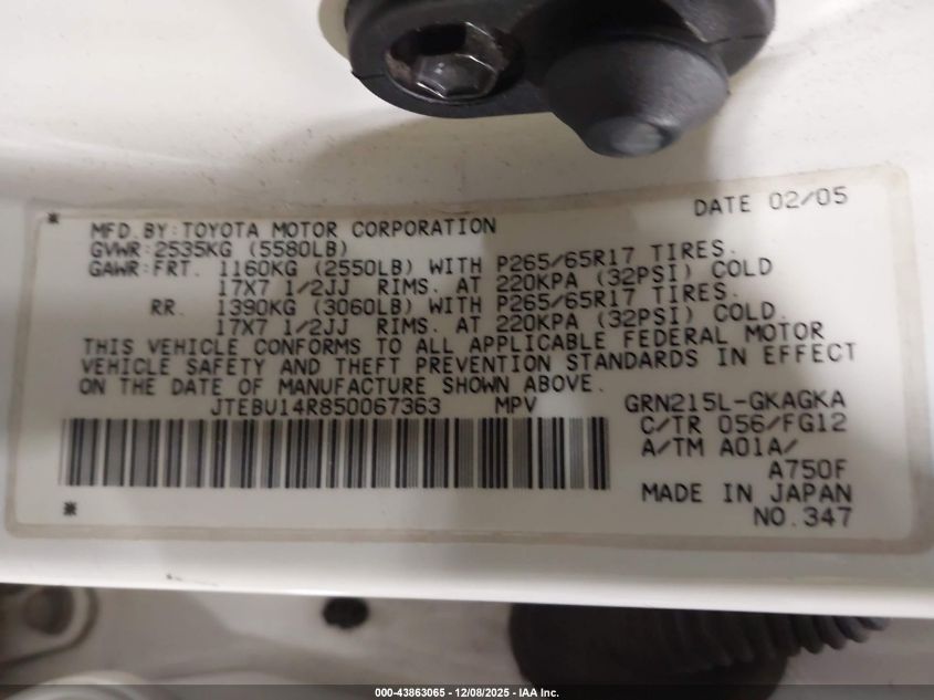 2005 Toyota 4Runner Sr5 V6 VIN: JTEBU14R850067363 Lot: 43863065