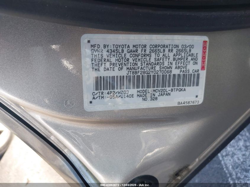 2000 Lexus Es 300 VIN: JT8BF28G2Y0270068 Lot: 43863072