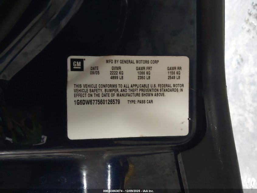 2006 Cadillac Sts V6 VIN: 1G6DW677560126579 Lot: 43863074