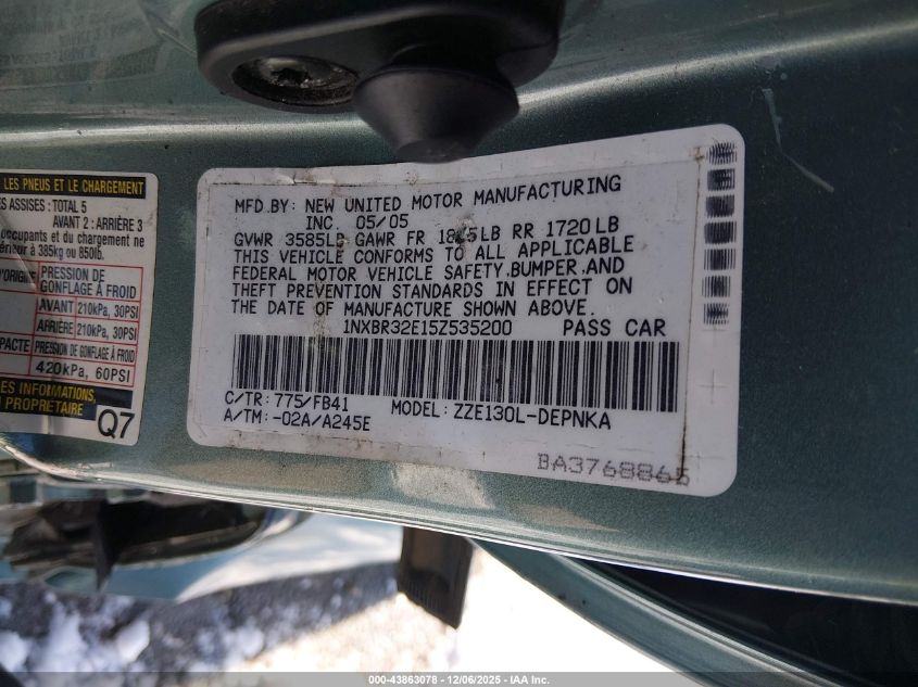 2005 Toyota Corolla Le VIN: 1NXBR32E15Z535200 Lot: 43863078