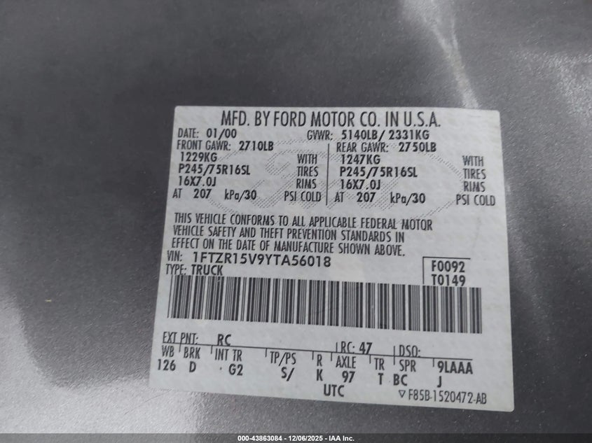 1FTZR15V9YTA56018 2000 FORD RANGER photo no. 9