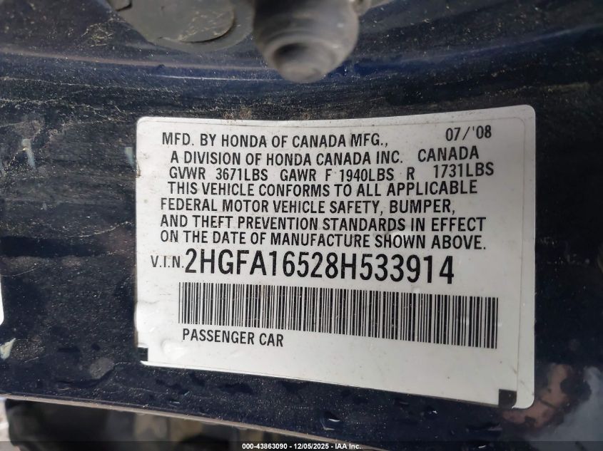 2008 Honda Civic Lx VIN: 2HGFA16528H533914 Lot: 43863090