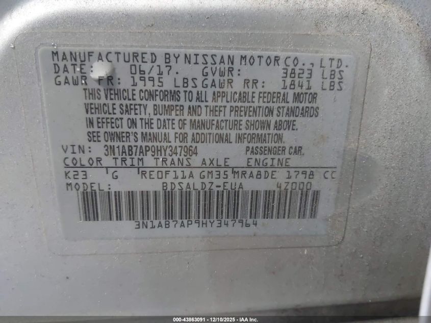 2017 Nissan Sentra Sv VIN: 3N1AB7AP9HY347964 Lot: 43863091