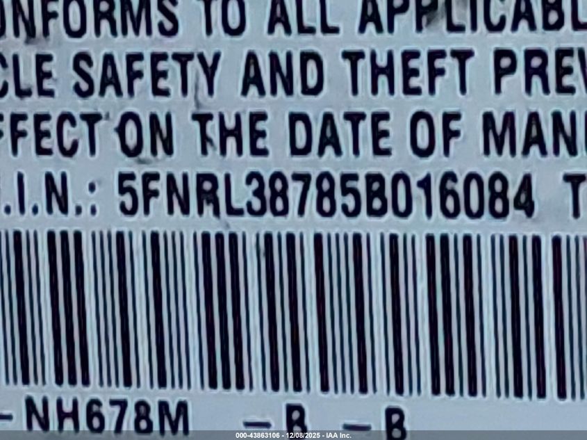 2005 Honda Odyssey Ex-L VIN: 5FNRL38785B016084 Lot: 43863106