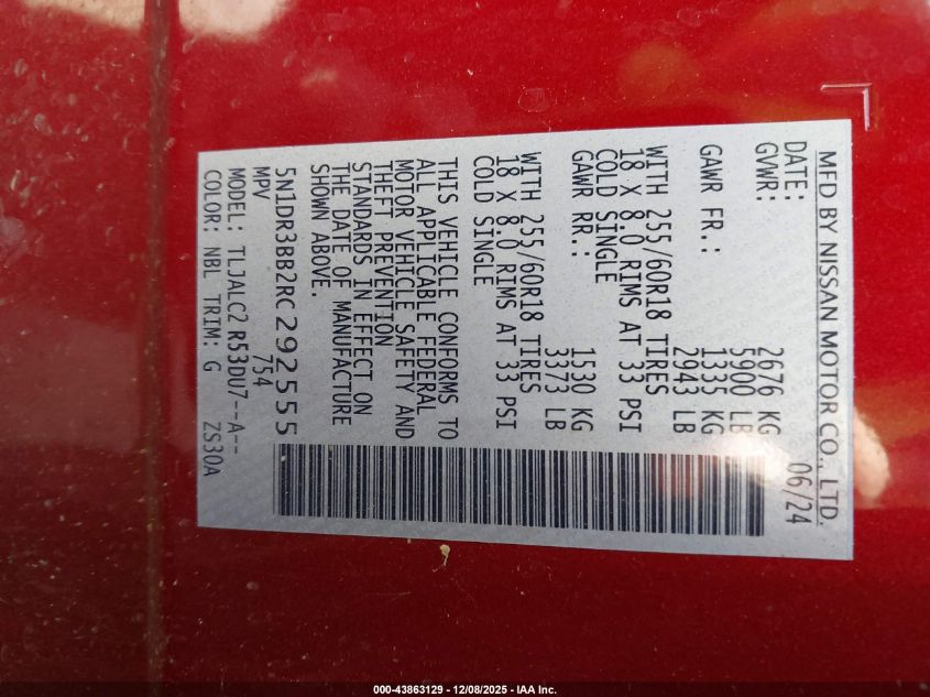 2024 Nissan Pathfinder Sv Fwd VIN: 5N1DR3BB2RC292555 Lot: 43863129