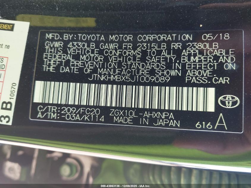 2018 Toyota C-Hr Xle Premium VIN: JTNKHMBX5J1009089 Lot: 43863136