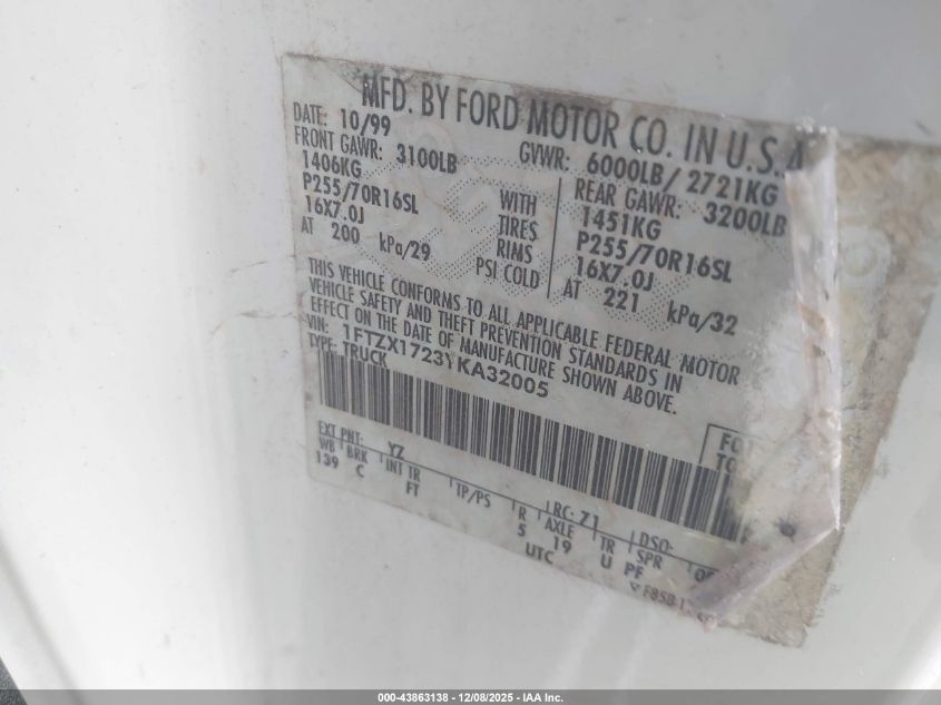 2000 Ford F-150 Work Series/Xl/Xlt VIN: 1FTZX1723YKA32005 Lot: 43863138