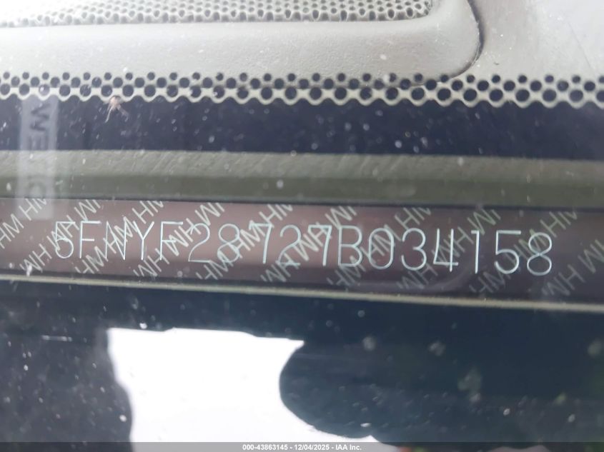 2007 Honda Pilot Ex-L VIN: 5FNYF28727B034158 Lot: 43863145