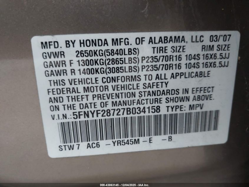 2007 Honda Pilot Ex-L VIN: 5FNYF28727B034158 Lot: 43863145