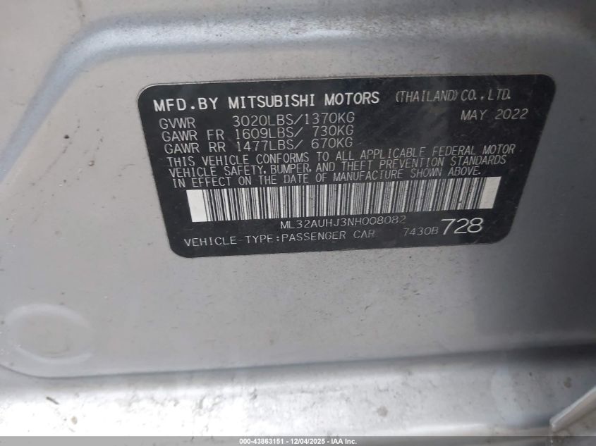 2022 Mitsubishi Mirage Es/Le VIN: ML32AUHJ3NH008082 Lot: 43863151
