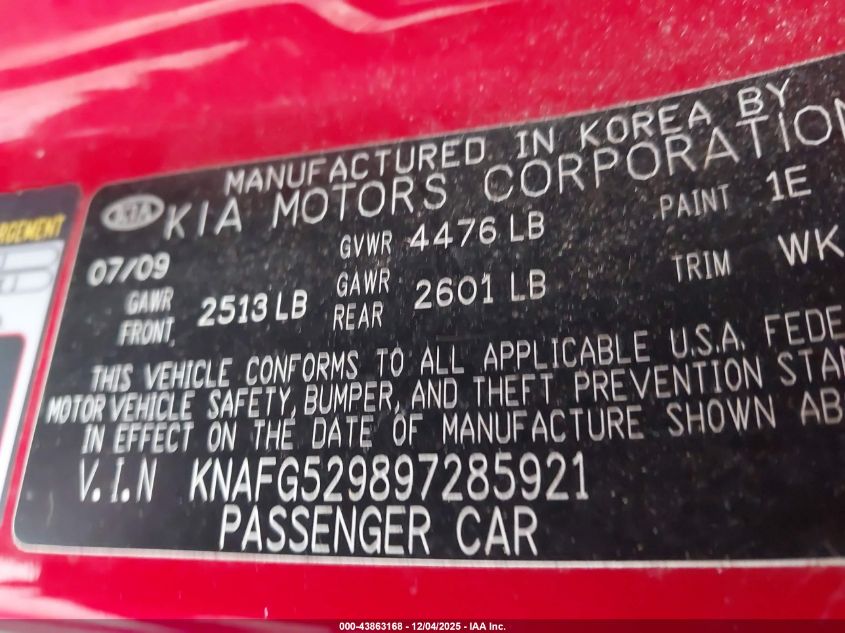 2009 Kia Rondo Lx VIN: KNAFG529897285921 Lot: 43863168