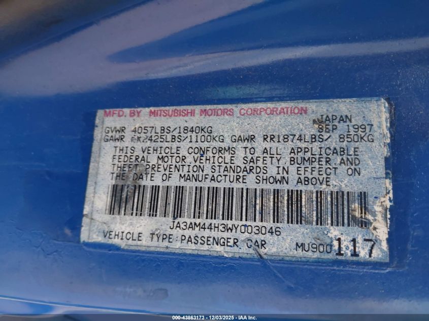 1998 Mitsubishi 3000 Gt VIN: JA3AM44H3WY003046 Lot: 43863173