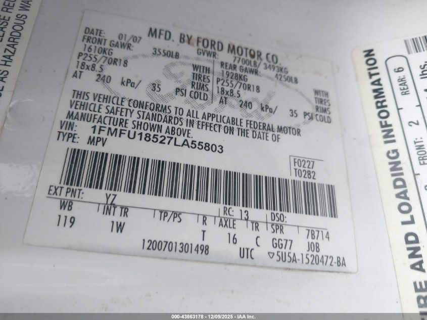 2007 Ford Expedition Eddie Bauer VIN: 1FMFU18527LA55803 Lot: 43863178