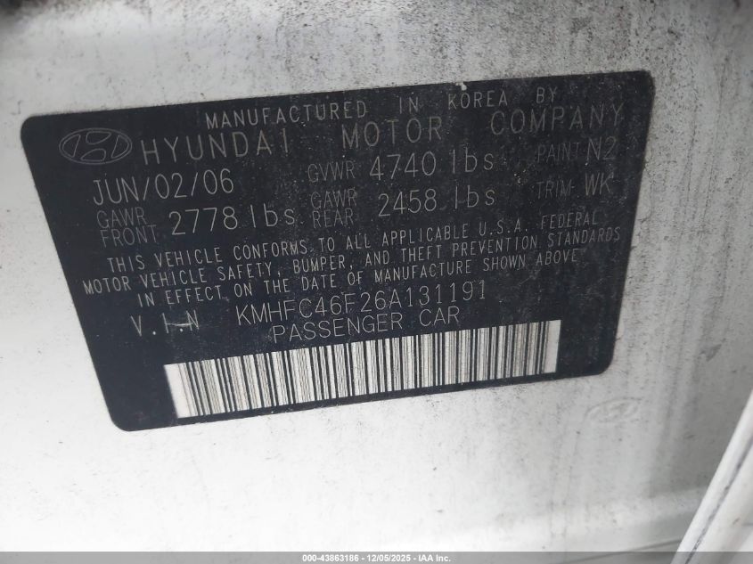 2006 Hyundai Azera Limited/Se VIN: KMHFC46F26A131191 Lot: 43863186