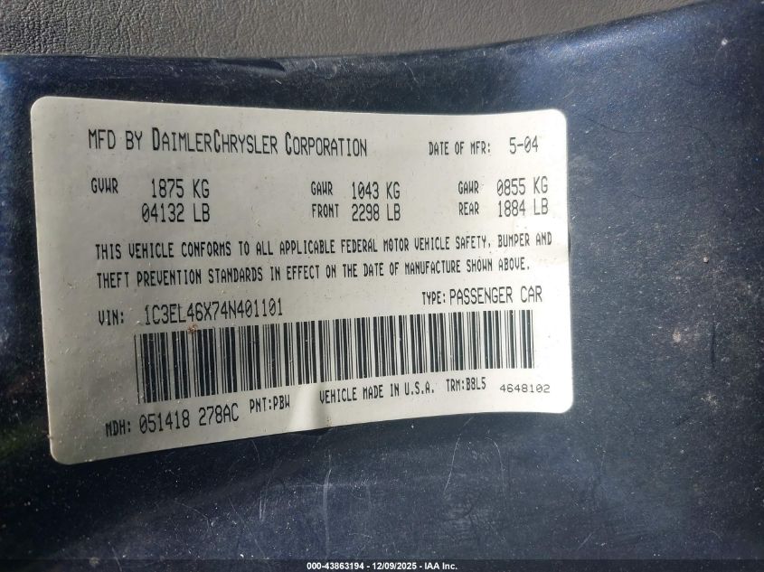 2004 Chrysler Sebring VIN: 1C3EL46X74N401101 Lot: 43863194