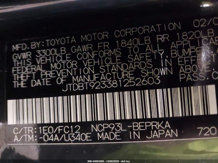 2008 Toyota Yaris VIN: JTDBT923381252603 Lot: 43863200