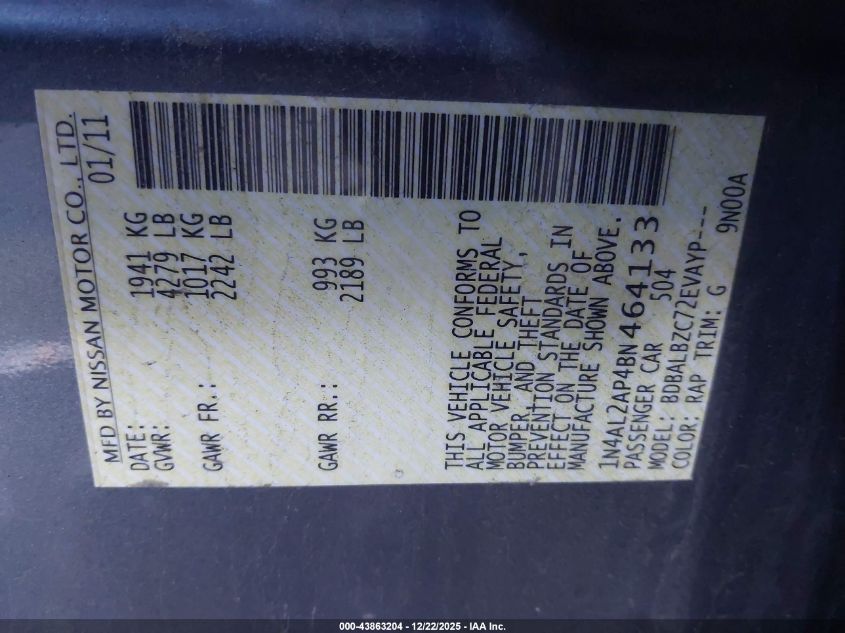 2011 Nissan Altima 2.5 S VIN: 1N4AL2AP4BN464133 Lot: 43863204