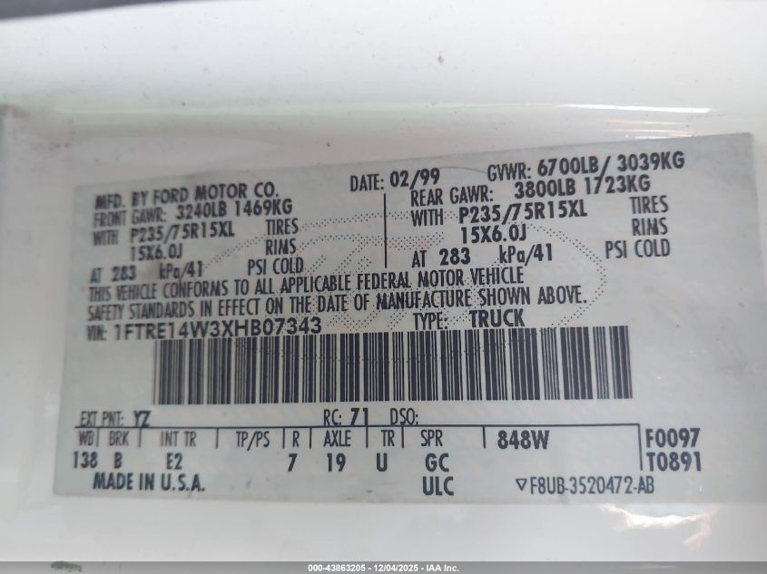 1999 Ford E-150 Commercial/Recreational VIN: 1FTRE14W3XHB07343 Lot: 43863205