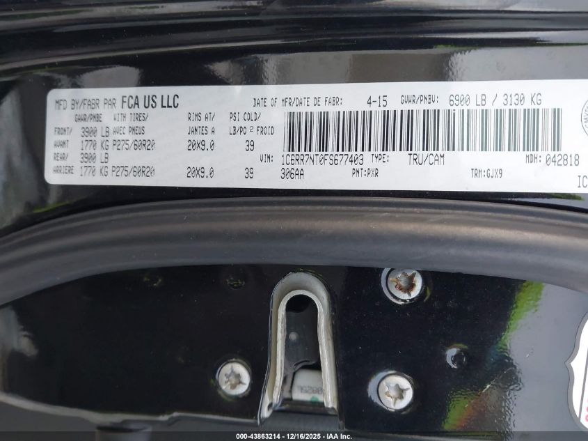 2015 Ram 1500 Laramie VIN: 1C6RR7NT0FS677403 Lot: 43863214