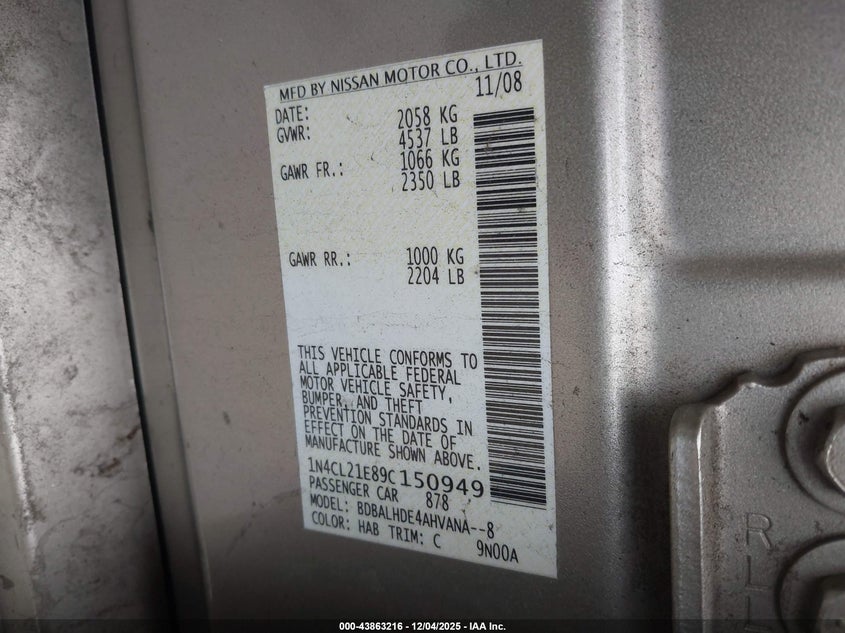 1N4CL21E89C150949 2009 NISSAN ALTIMA photo no. 9
