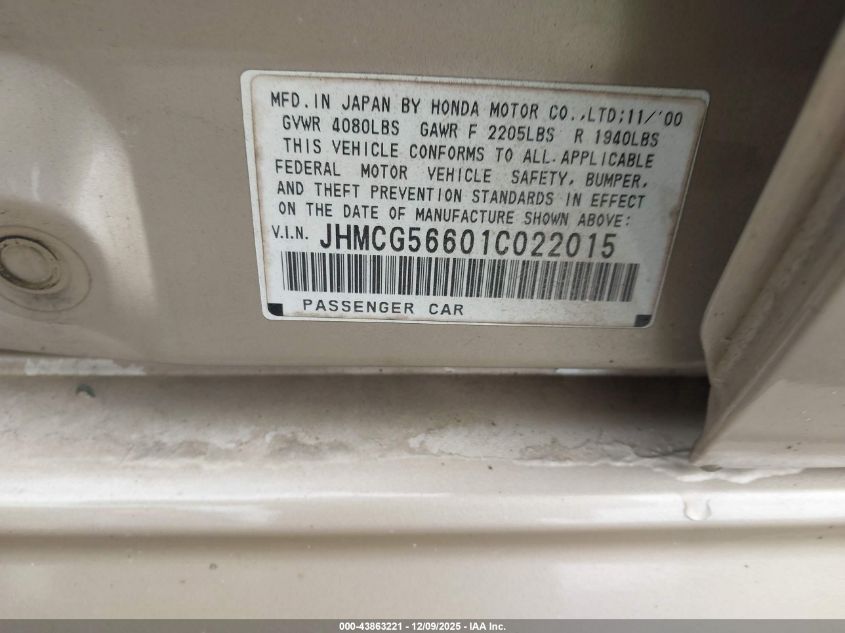 2001 Honda Accord 2.3 Ex VIN: JHMCG56601C022015 Lot: 43863221