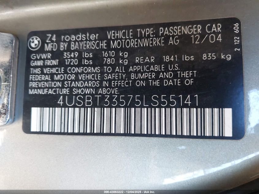 2005 BMW Z4 2.5I VIN: 4USBT33575LS55141 Lot: 43863222