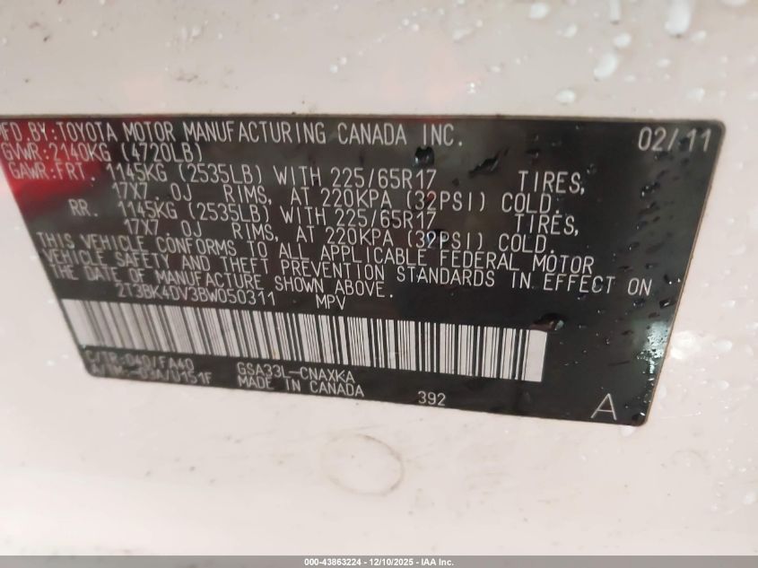 2011 Toyota Rav4 Base V6 VIN: 2T3BK4DV3BW050311 Lot: 43863224