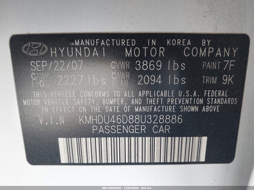 KMHDU46D88U328886 2008 HYUNDAI ELANTRA photo no. 9