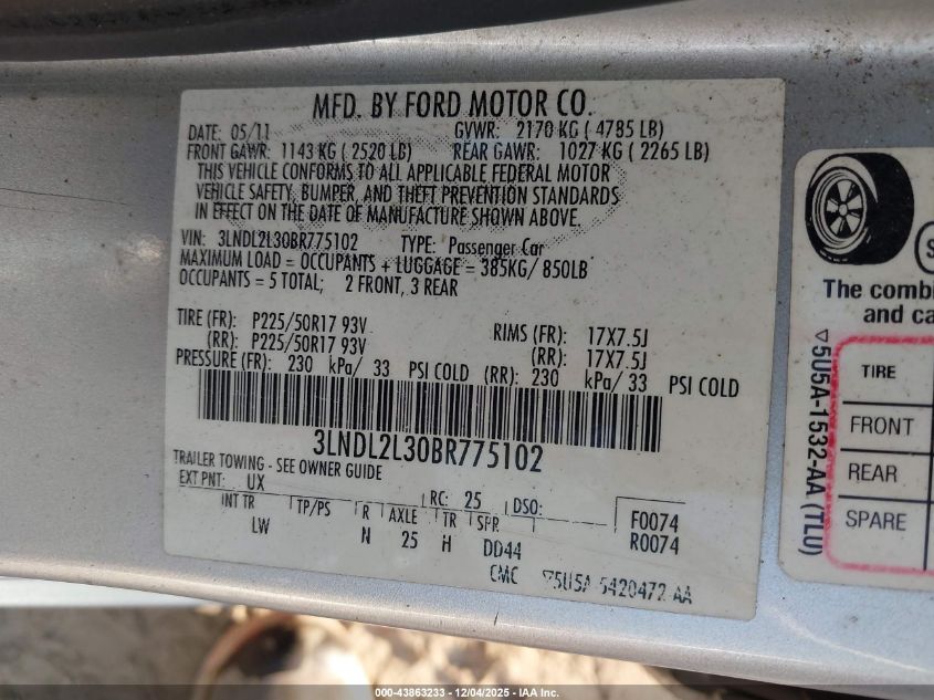 2011 Lincoln Mkz Hybrid VIN: 3LNDL2L30BR775102 Lot: 43863233