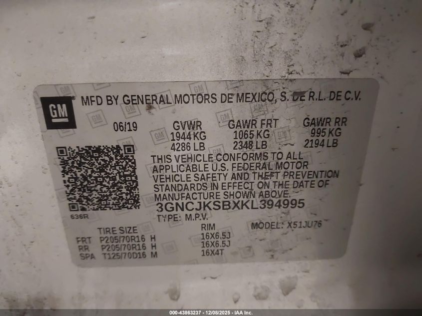 2019 Chevrolet Trax Ls VIN: 3GNCJKSBXKL394995 Lot: 43863237