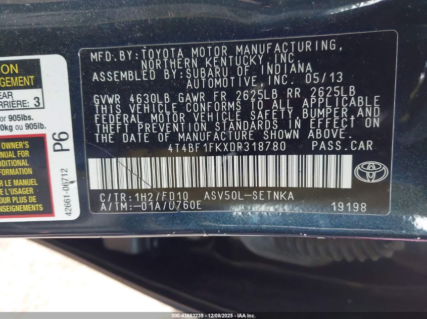 2013 Toyota Camry Le VIN: 4T4BF1FKXDR318780 Lot: 43863239